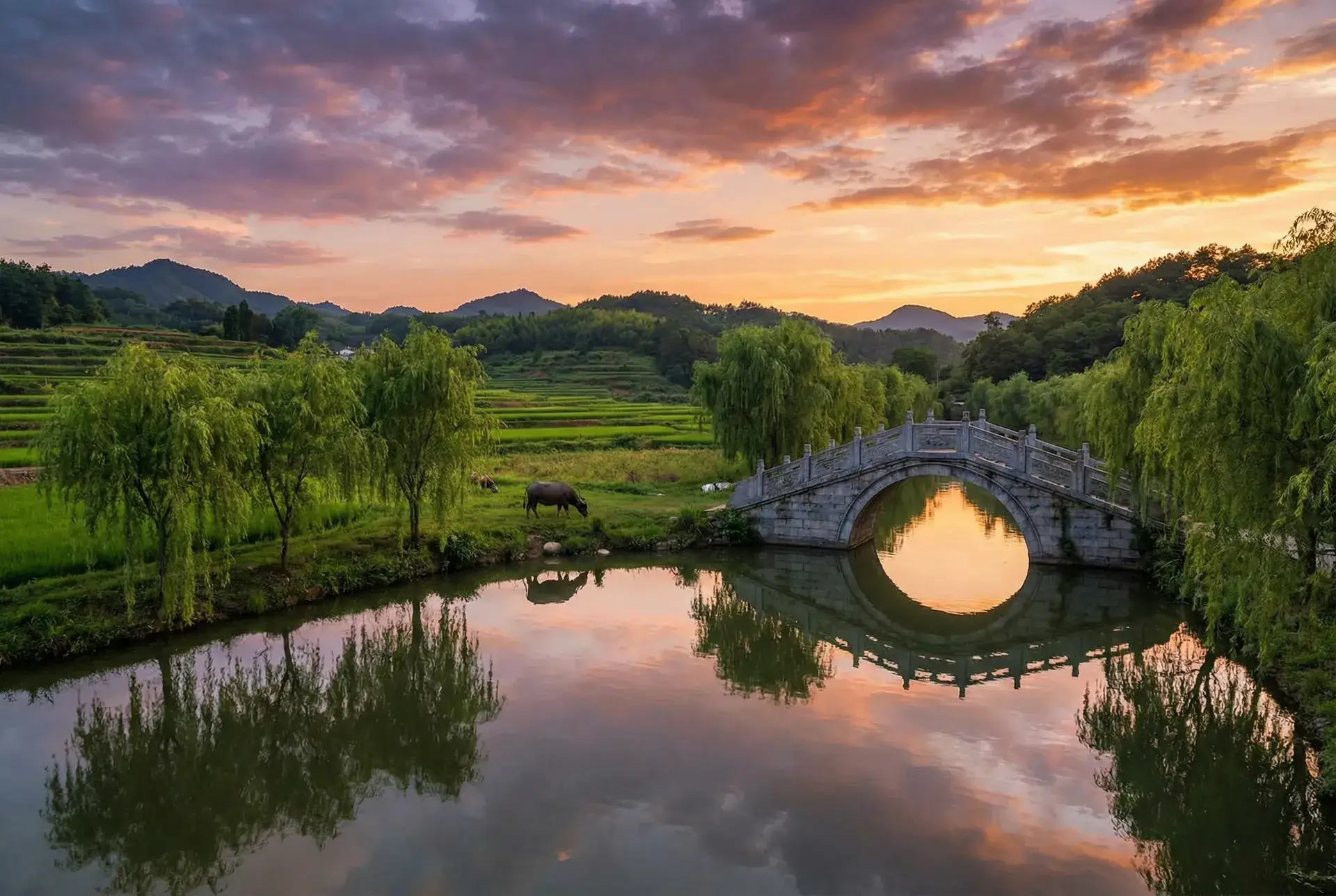 夕阳下的石拱桥与垂柳，水牛在河边吃草 - 笔记本有杂音 乡村美景